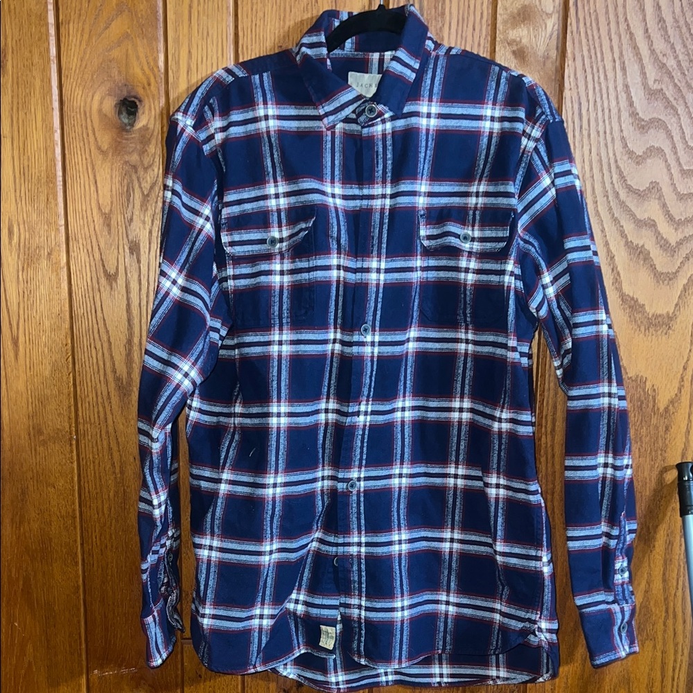 Jachs Navy Red and White Plaid Button Down Shirt Size L Tall
